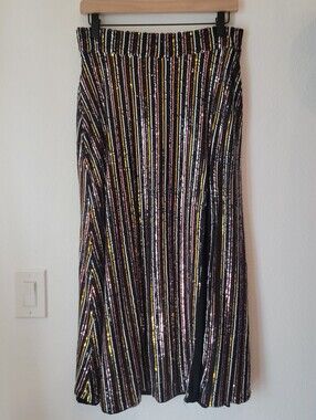 EastnWest Label Sequin Stripe Maxi Skirt Black Multicolor Size Large